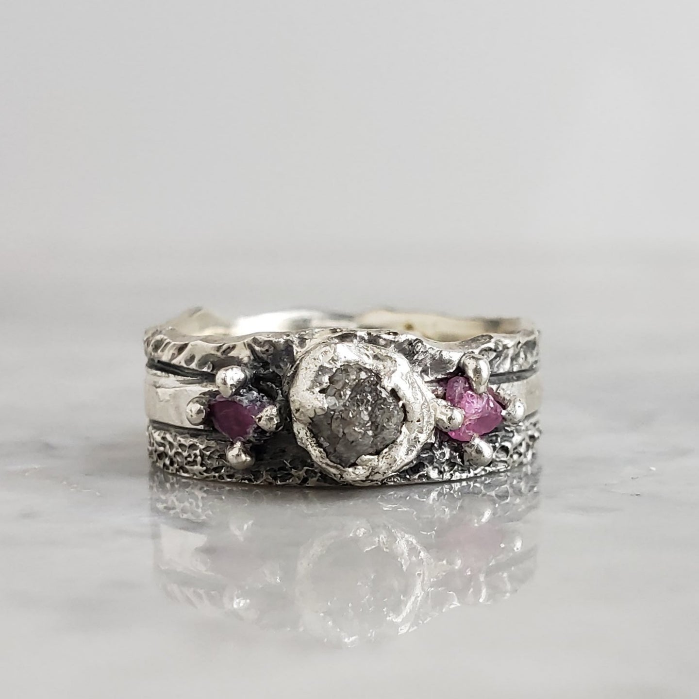 Rough Diamond and Ruby Ring, Silver