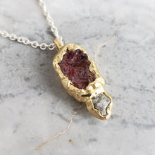 Load image into Gallery viewer, Rough Garnet and Diamond Necklace in Bronze and Sterling Silver
