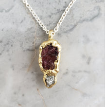Load image into Gallery viewer, Rough Garnet and Diamond Necklace in Bronze and Sterling Silver
