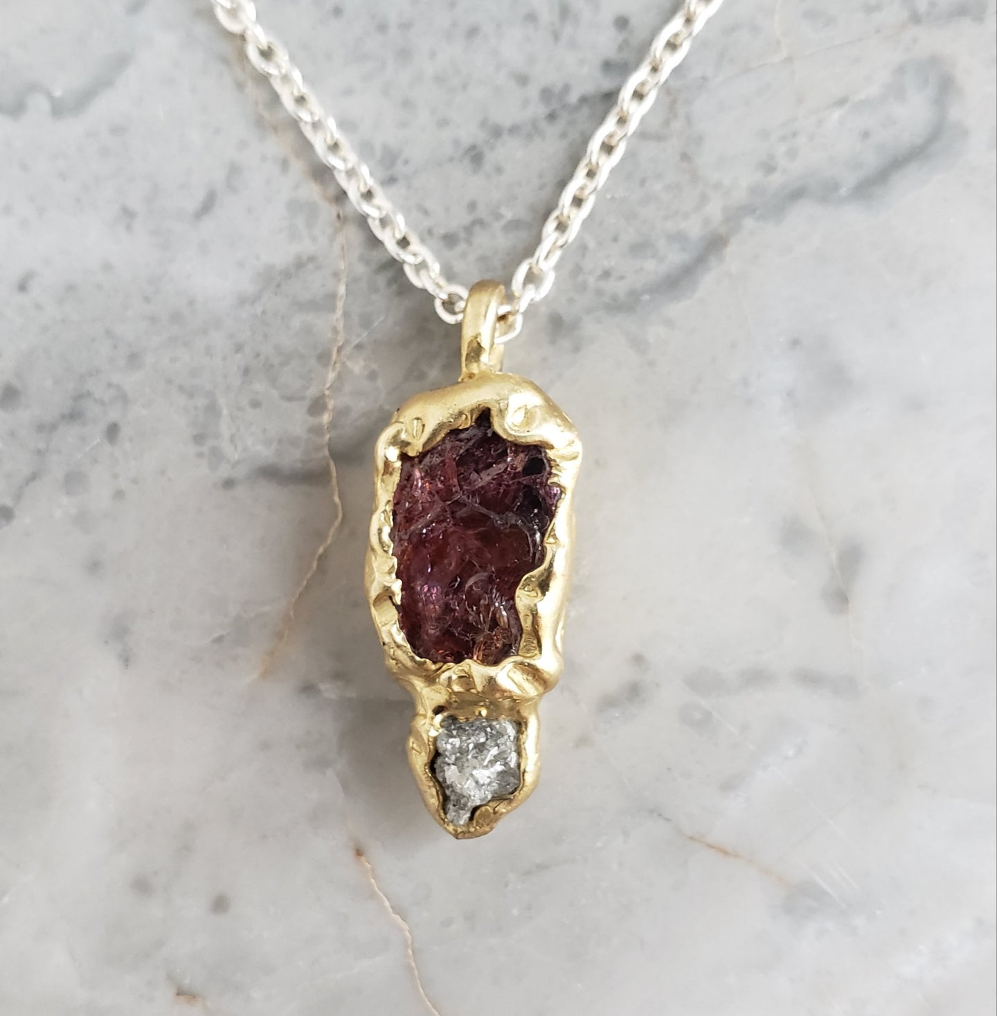 Rough Garnet and Diamond Necklace in Bronze and Sterling Silver