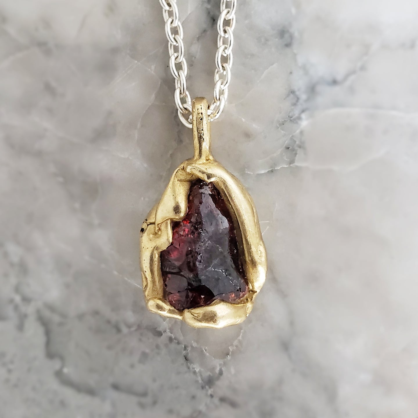 Rough Garnet Necklace in Bronze and Sterling Silver