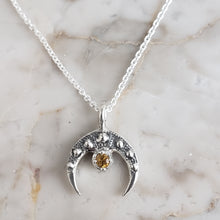 Load image into Gallery viewer, Down Turned Crescent Moon Necklace, Yellow Sapphire and Silver