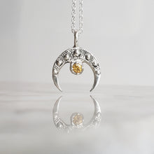 Load image into Gallery viewer, Down Turned Crescent Moon Necklace, Yellow Sapphire and Silver