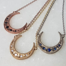 Load image into Gallery viewer, Up Turned Crescent Moon Necklace, 10k White Gold, Blue Sapphire, 18" Chain