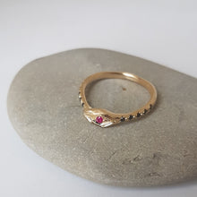 Load image into Gallery viewer, Ouroboros Snake Ring , Ruby and Black Diamond Ring ,Size 6 , 14k Yellow Gold