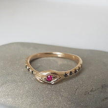 Load image into Gallery viewer, Ouroboros Snake Ring , Ruby and Black Diamond Ring ,Size 6 , 14k Yellow Gold