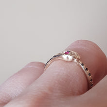 Load image into Gallery viewer, Ouroboros Snake Ring , Ruby and Black Diamond Ring ,Size 6 , 14k Yellow Gold