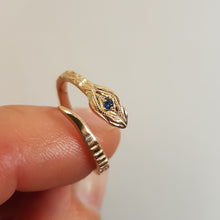 Load image into Gallery viewer, Blue Sapphire Snake Ring , Adjustable Snake Ring, Size in 5- 9 , 10k Yellow Gold