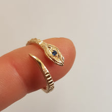 Load image into Gallery viewer, Blue Sapphire Snake Ring , Adjustable Snake Ring, Size in 5- 9 , 10k Yellow Gold