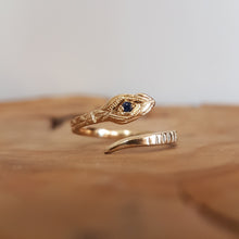 Load image into Gallery viewer, Blue Sapphire Snake Ring , Adjustable Snake Ring, Size in 5- 9 , 10k Yellow Gold