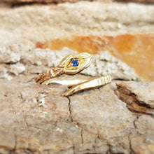 Load image into Gallery viewer, Blue Sapphire Snake Ring , Adjustable Snake Ring, Size in 5- 9 , 10k Yellow Gold