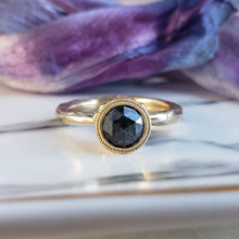 Load image into Gallery viewer, Beaded Tulip Ring, Rose Cut Black Diamond, 10k Yellow Gold, Size 5.75