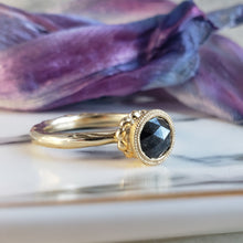 Load image into Gallery viewer, Beaded Tulip Ring, Rose Cut Black Diamond, 10k Yellow Gold, Size 5.75
