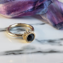 Load image into Gallery viewer, Beaded Tulip Ring, Rose Cut Black Diamond, 10k Yellow Gold, Size 5.75