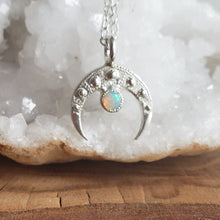 Load image into Gallery viewer, Down Turned Crescent Moon Necklace, Opal and Silver
