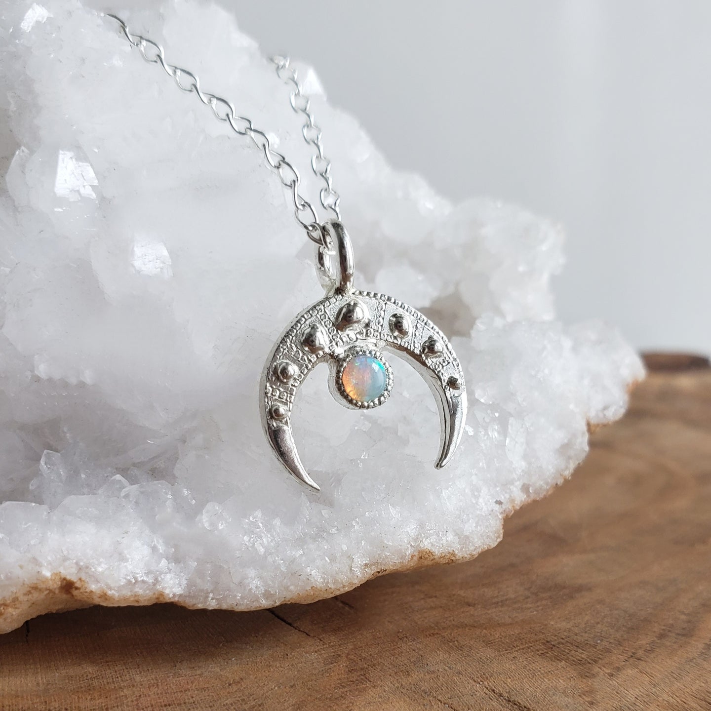 Down Turned Crescent Moon Necklace, Opal and Silver