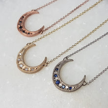 Load image into Gallery viewer, Up Turned Crescent Moon Necklace, 10k White Gold, Blue Sapphire, 18" Chain