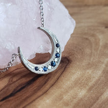 Load image into Gallery viewer, Up Turned Crescent Moon Necklace, 10k White Gold, Blue Sapphire, 18" Chain