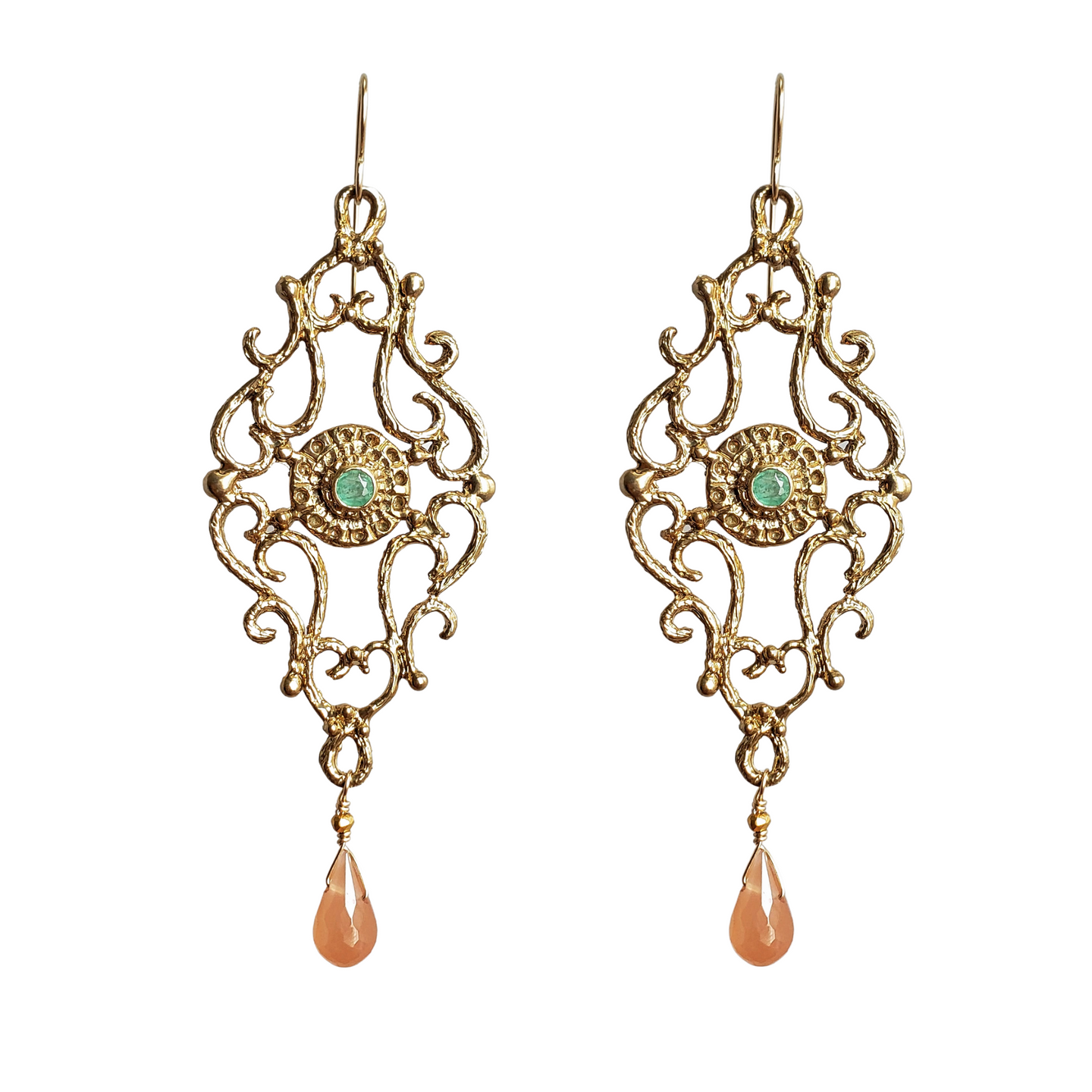 Marquise Earrings in Bronze, Emerald and Pink Moonstone