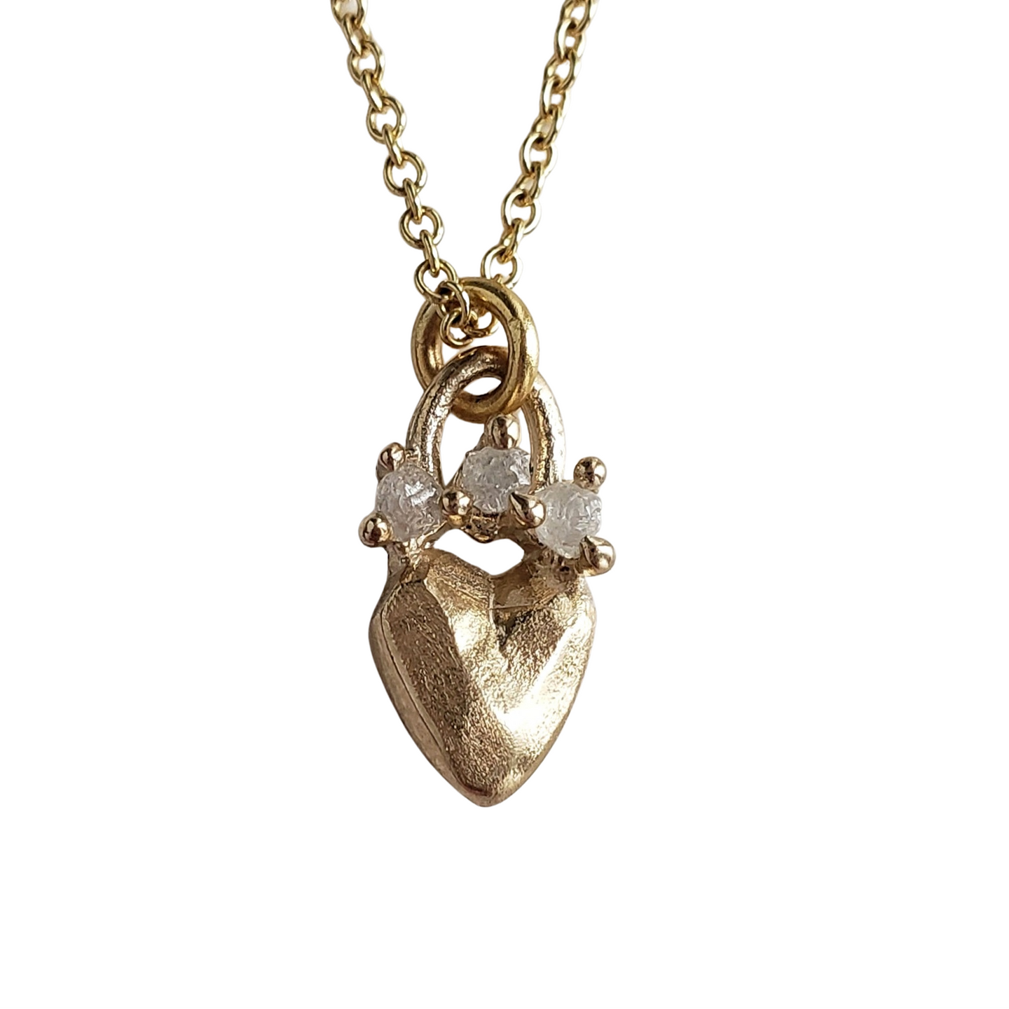 Heart Crown Amulet, Rough Diamond. 10k Yellow Gold