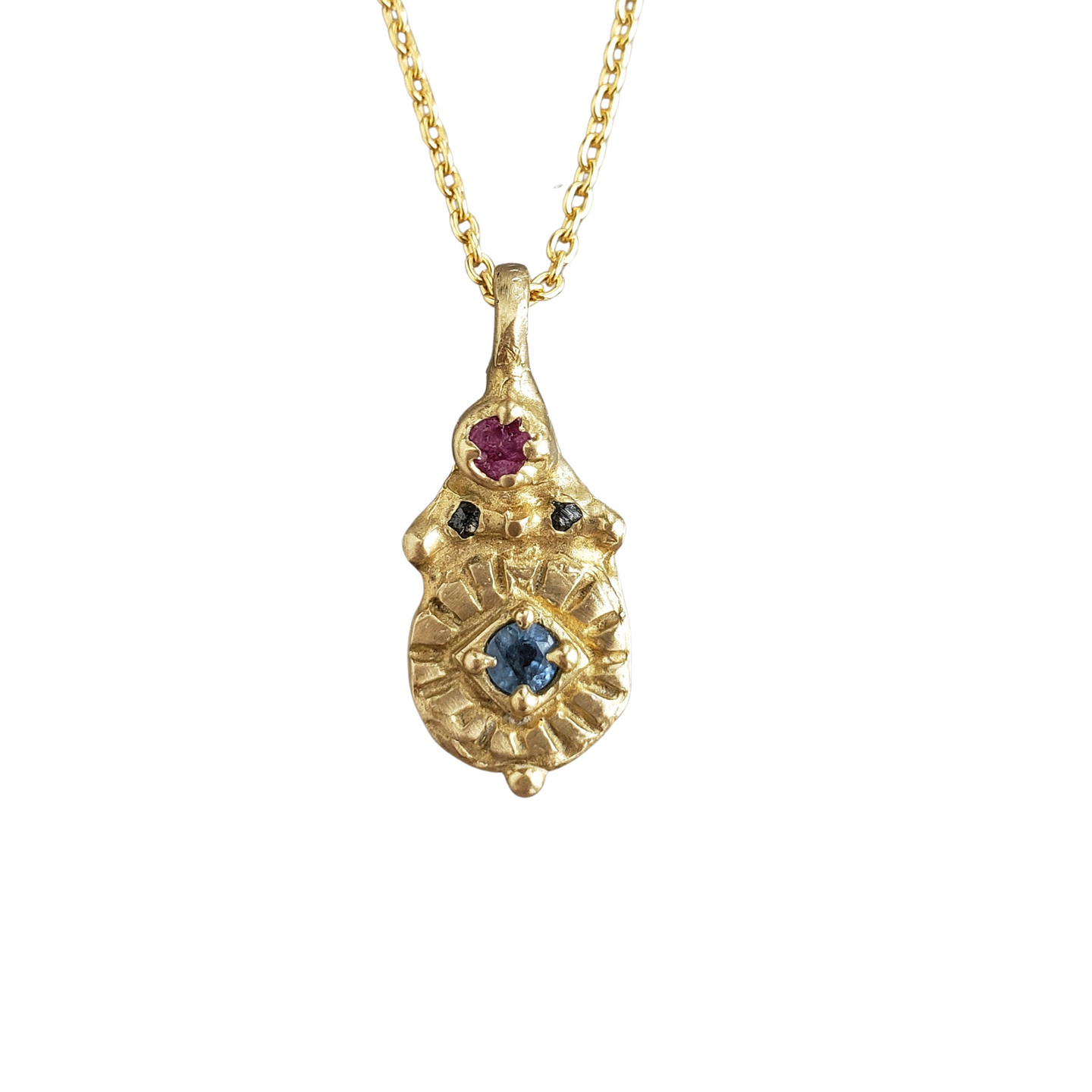 Sapphire, Ruby and Black Diamond Pendant in Bronze and Gold Filled Chain