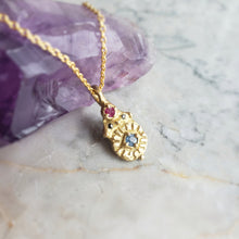 Load image into Gallery viewer, Sapphire, Ruby and Black Diamond Pendant in Bronze and Gold Filled Chain
