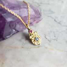 Load image into Gallery viewer, Sapphire, Ruby and Black Diamond Pendant in Bronze and Gold Filled Chain