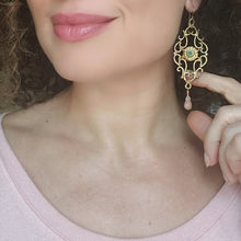 Load image into Gallery viewer, Marquise Earrings in Bronze, Emerald and Pink Moonstone
