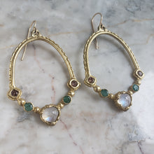 Load image into Gallery viewer, Earrings in Bronze, Moonstone, Emerald and Tourmaline