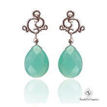 Load image into Gallery viewer, Swirl Post Earrings in Sterling Silver with Faceted Aqua Chalcedony Centre Stone