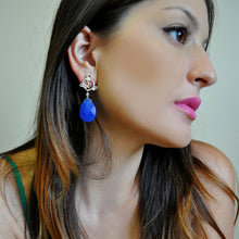 Load image into Gallery viewer, Swirl Post Earrings in Sterling Silver with Faceted Aqua Chalcedony Centre Stone