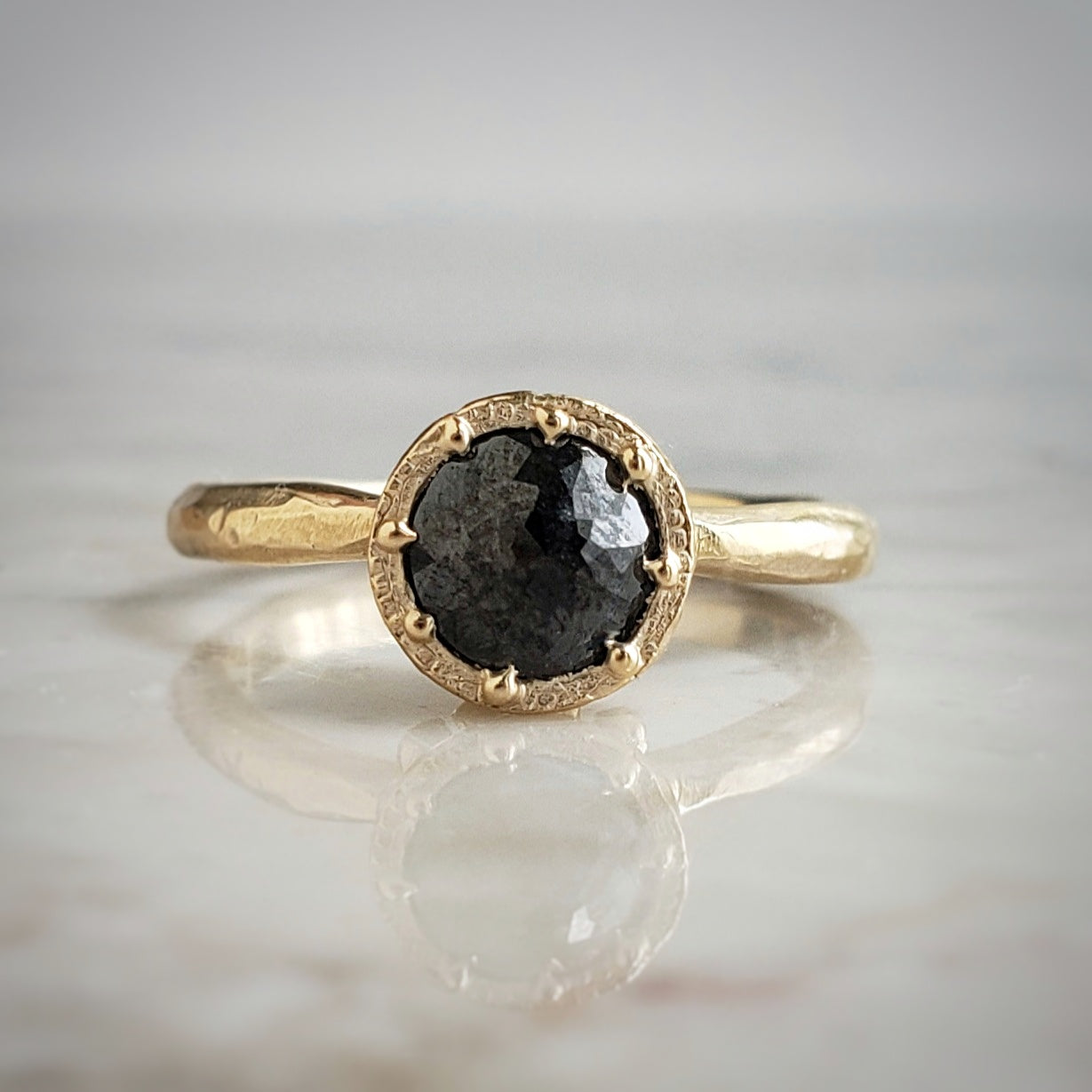 Beaded Tulip Ring, Black Diamond, 10k Yellow Gold, Size 6.5