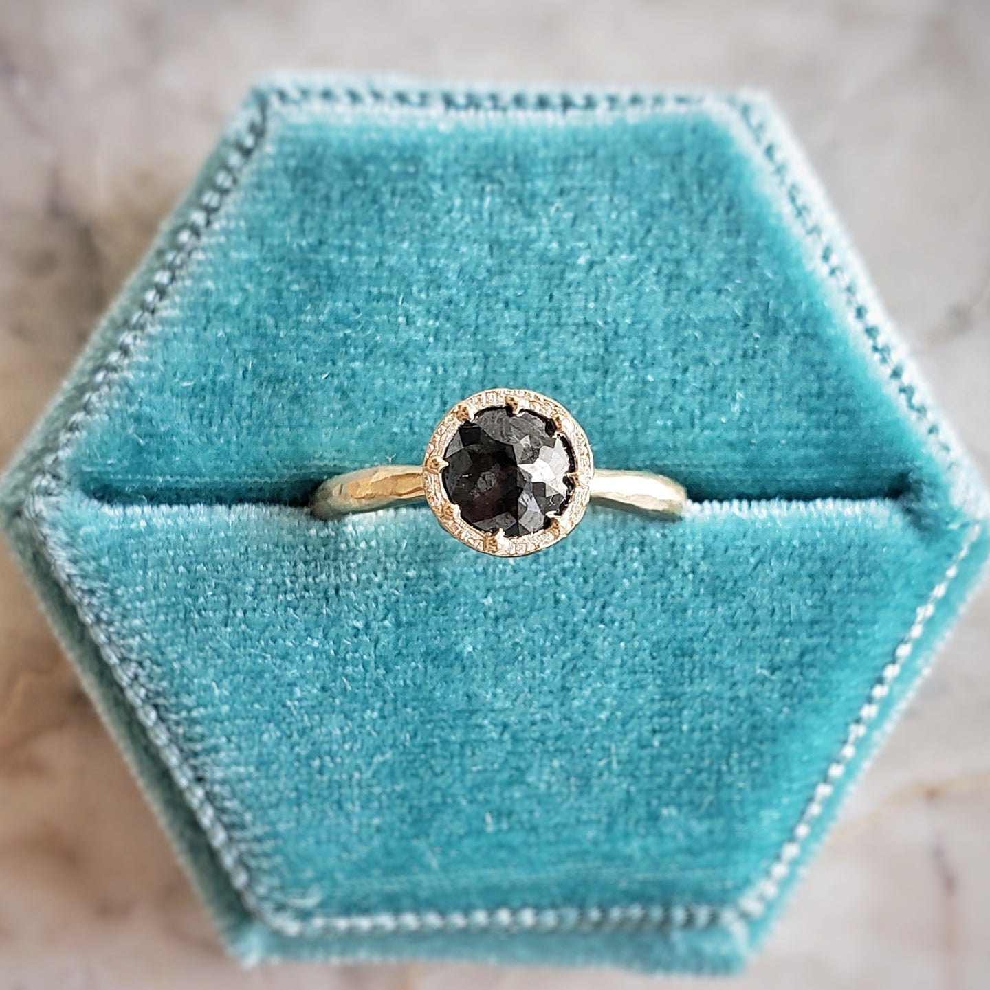 Beaded Tulip Ring, Black Diamond, 10k Yellow Gold, Size 6.5