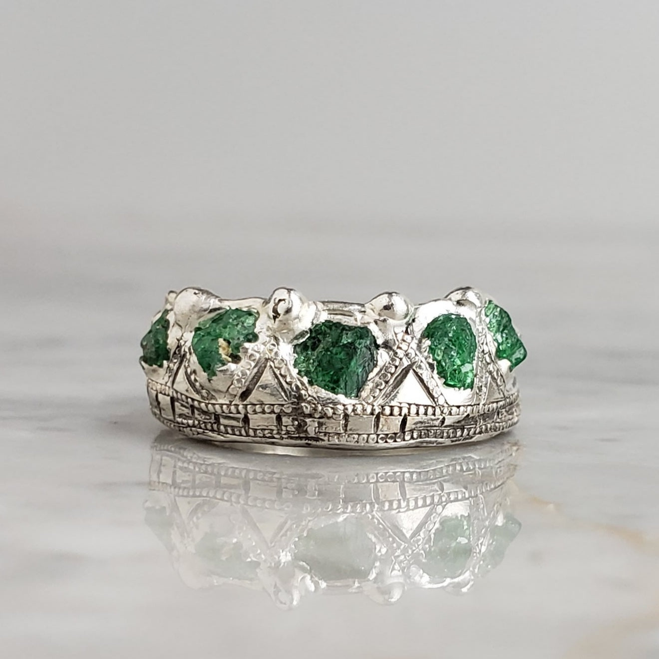 The Güell Crown Ring, Rough Tsavorite, Silver