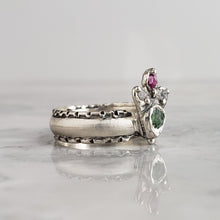 Load image into Gallery viewer, Paisley Crown Ring, Rough Diamond, Ruby and Tsavorite, Silver
