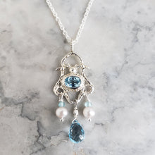Load image into Gallery viewer, Chandelier Necklace, Blue Topaz, Pearl and Silver
