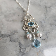 Load image into Gallery viewer, Chandelier Necklace, Blue Topaz, Pearl and Silver
