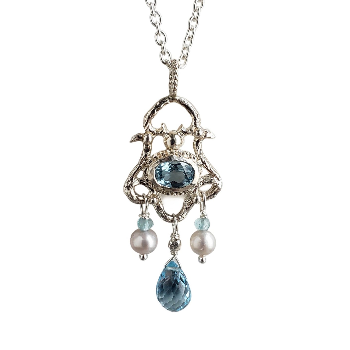 Chandelier Necklace, Blue Topaz, Pearl and Silver