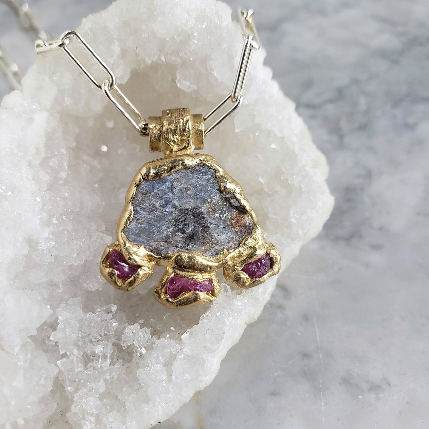 Rough Sapphire and Ruby Necklace in Bronze and  Sterling Silver Chain