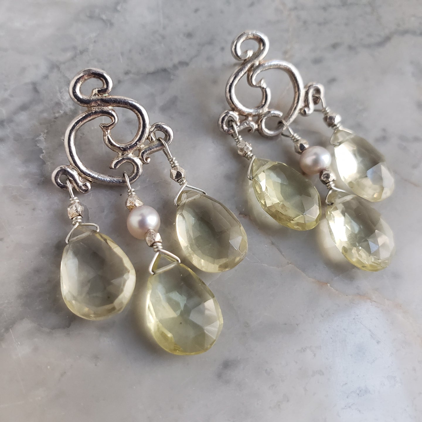 Swirl Post Earring in Sterling Silver with Faceted Citrine and Pearl
