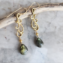 Load image into Gallery viewer, Swirl Dangle Earrings in Bronze and Labradorite
