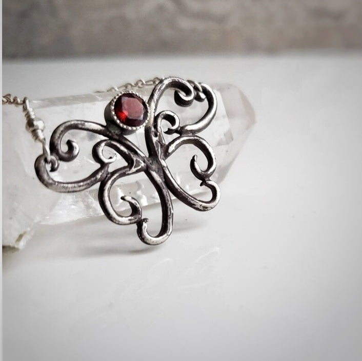 Butterfly Necklace, Garnet and Sterling Silver