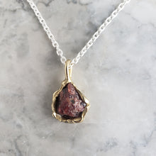 Load image into Gallery viewer, Rough Garnet Necklace in Bronze and Sterling Silver
