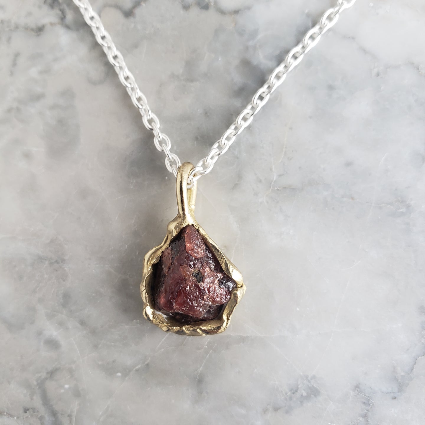 Rough Garnet Necklace in Bronze and Sterling Silver