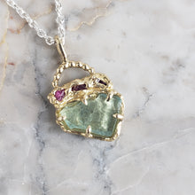 Load image into Gallery viewer, Rough Aquamarine and Ruby Necklace in Bronze and Sterling Silver
