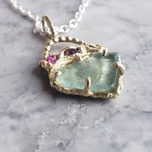 Load image into Gallery viewer, Rough Aquamarine and Ruby Necklace in Bronze and Sterling Silver
