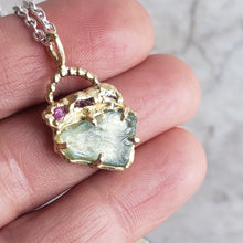 Load image into Gallery viewer, Rough Aquamarine and Ruby Necklace in Bronze and Sterling Silver
