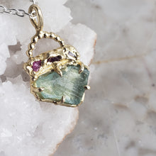 Load image into Gallery viewer, Rough Aquamarine and Ruby Necklace in Bronze and Sterling Silver
