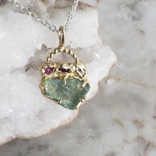 Load image into Gallery viewer, Rough Aquamarine and Ruby Necklace in Bronze and Sterling Silver
