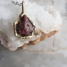 Load image into Gallery viewer, Rough Garnet Necklace in Bronze and Sterling Silver
